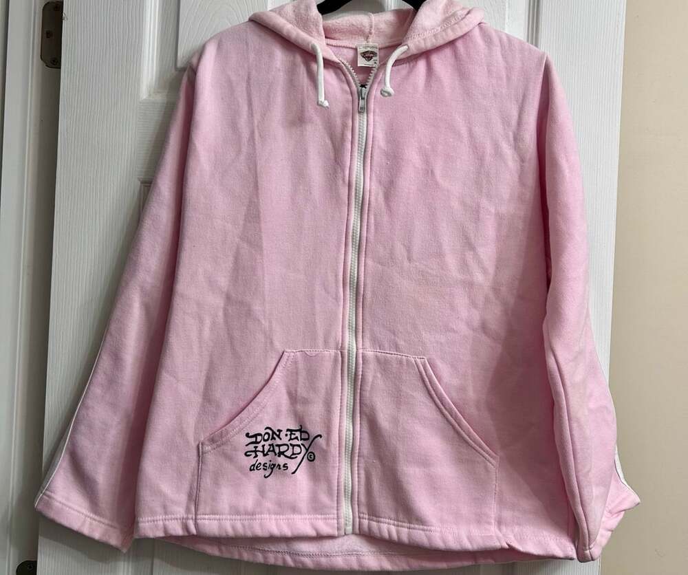 Ed Hardy Full Zip Hoodie Size XL Pink Skull Graphic